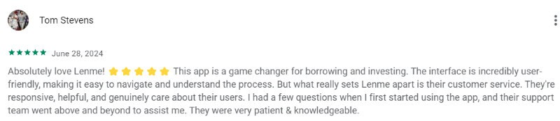 A five star Lenme review from someone who claims the app has amazing customer service. 