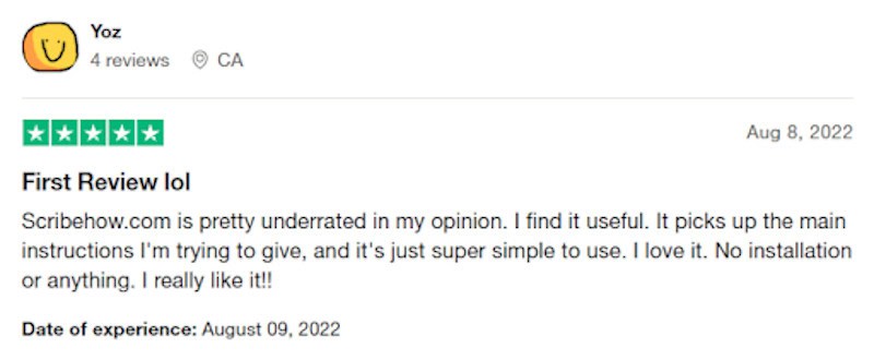 A positive Scribehow review from someone on Truspilot that loves how easy the software is to use. 