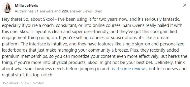 A positive Skool review from someone on Reddit that calls the online platform 