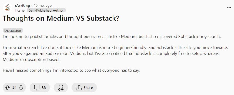 A person on Reddit starts a thread asking others for their opinions on Medium vs Substack. 