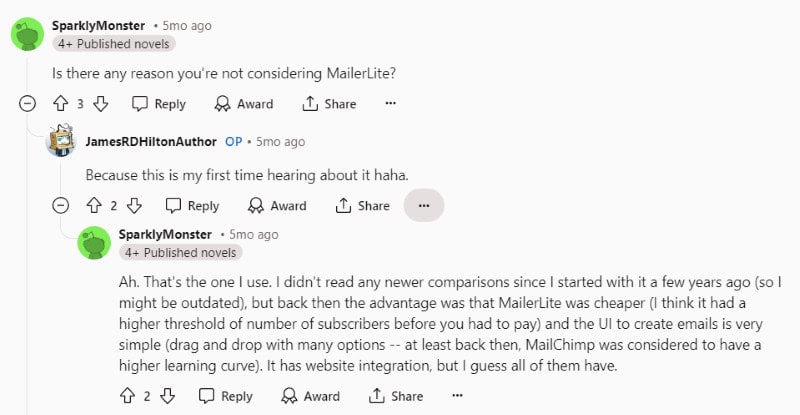 A person on Reddit shares that they prefer MailerLite over ConvertKit or Mailchimp. 