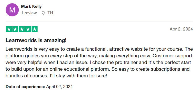 A five star LearnWorlds review from someone who thought the course website building tools were easy to use. 