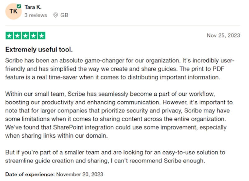 A five star Scribehow review from someone who thinks the software is 