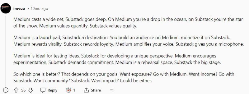 Someone on Reddit explains that Medium is better for exposure, while Substack is better for making money. 