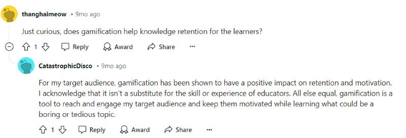 A positive Xperiencify review from someone on Reddit that claims the gamification of their online course has been beneficial for them and their students. 