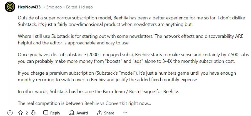 A person on Reddit shares that they like Beehiiv better than Substack and that ConvertKit vs Beehiiv is a more fair comparison. 