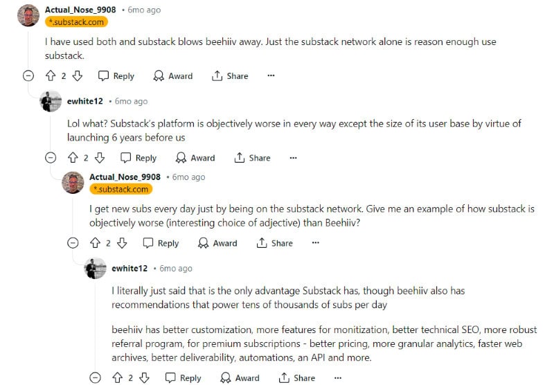 Redditors agree that Substack's network makes it easier to grow your following. 