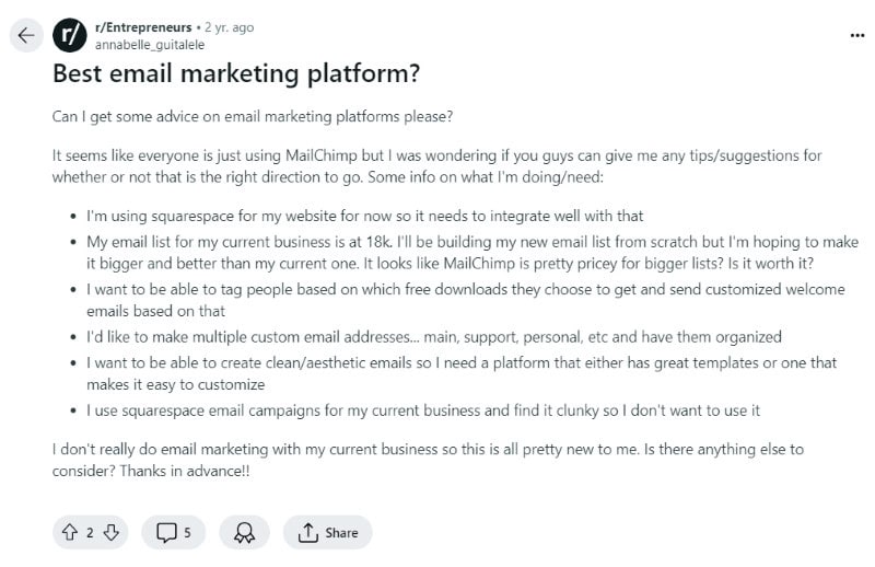 A person on Reddit asking others if they think ConvertKit or Mailchimp is the best emailing marketing software. 