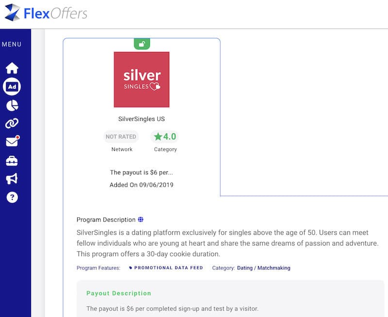 The SilverSingles relationship affiliate program available on FlexOffers pays up to $6 per sign up. 