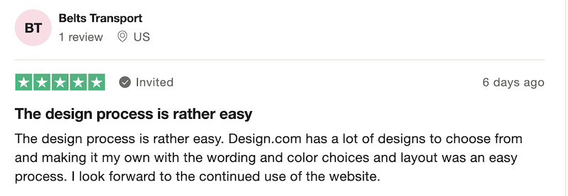 A five star review for Design.com from someone on TrustPilot. 