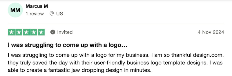 A person shares how they were "struggling to come up with. logo" before they found Design.com. 