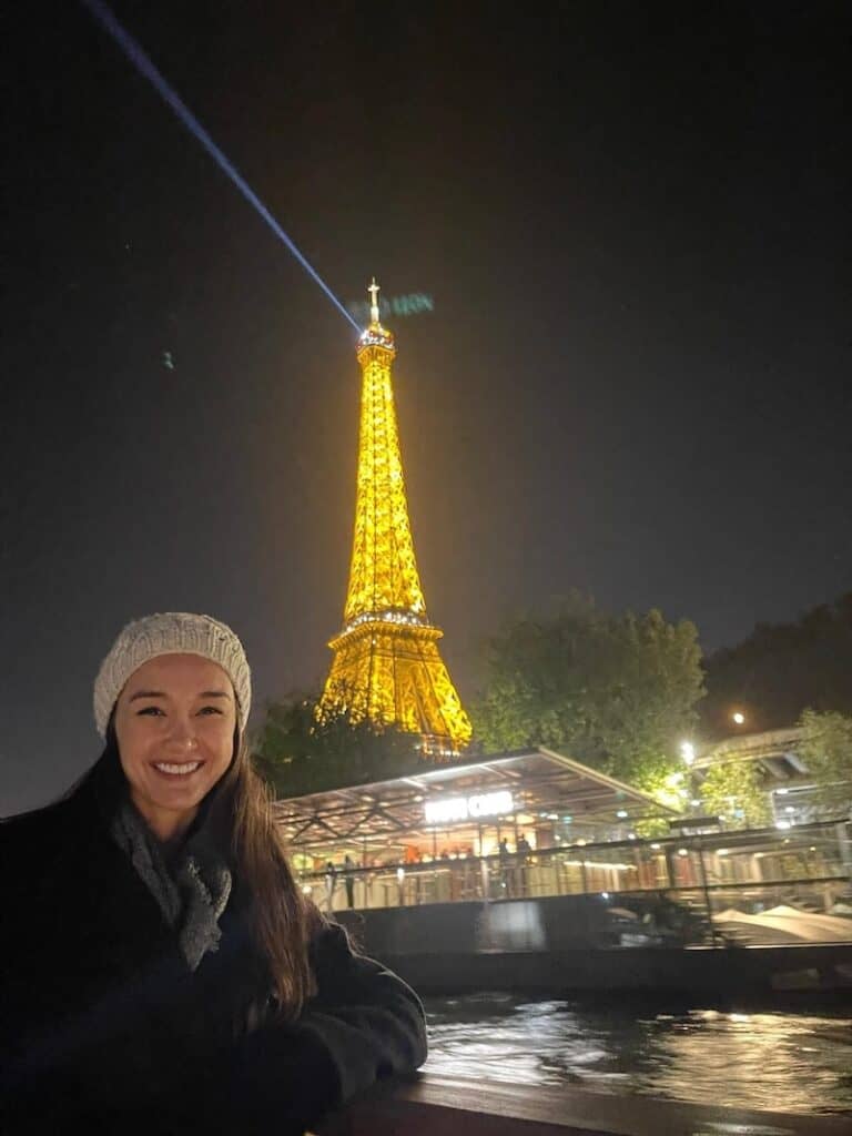 Evening boat cruise down the Seine River in Paris. 