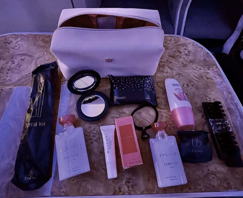 The Bvlgari amenity kit given to women in Emirates business class. 