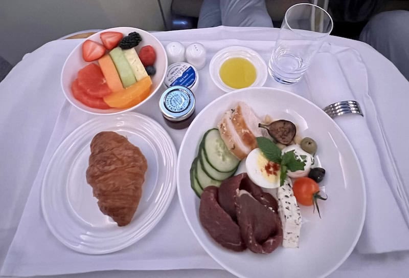 Breakfast plate served to business class passengers on the Emirates airbus A380. 