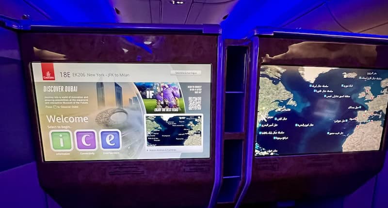 The large entertainment screens in Emirates business class. 