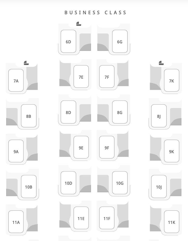 Business class seating chart for an Emirates airbus A380. 